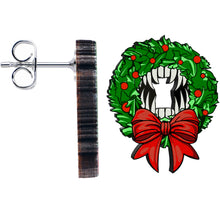 Load image into Gallery viewer, Handmade Wooden Vampire Wreath Holiday Christmas Stud Earrings by Onyx O
