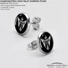 Load image into Gallery viewer, Black White Winged Cross Stud Earrings by Onyx O

