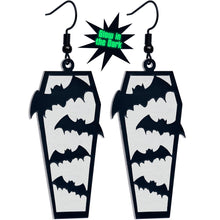 Load image into Gallery viewer, Black Bat Coffin Glow in the Dark Dangle Earrings by Onyx O
