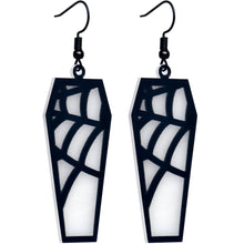 Load image into Gallery viewer, Black Spider Web Coffin Glow in the Dark Dangle Earrings by Onyx O
