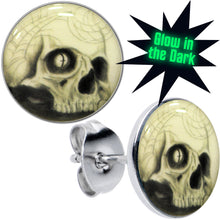 Load image into Gallery viewer, Webbed Skull Glow in the Dark Stud Earrings
