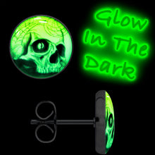 Load image into Gallery viewer, Webbed Skull Glow in the Dark Stud Earrings
