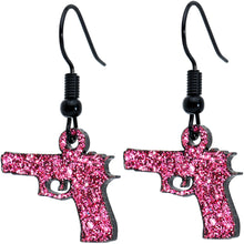 Load image into Gallery viewer, Pink Glitter Gun Fishhook Dangle Earrings
