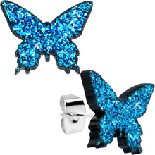 Load image into Gallery viewer, Blue Glitter Butterfly Stud Earring Set
