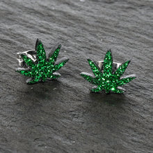 Load image into Gallery viewer, Green Glitter Marijuana Pot Leaf Stud Earrings
