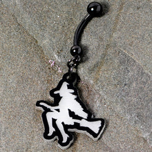 Load image into Gallery viewer, Glow in the Dark Halloween Flying Witch on Broom Dangle Belly Ring
