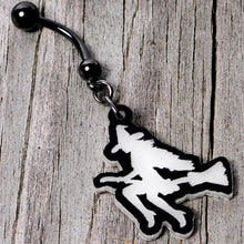 Load image into Gallery viewer, Glow in the Dark Halloween Flying Witch on Broom Dangle Belly Ring
