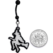 Load image into Gallery viewer, Glow in the Dark Halloween Flying Witch on Broom Dangle Belly Ring
