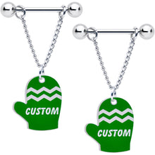 Load image into Gallery viewer, Custom Holiday Mittens Personalized Dangle Barbell Nipple Ring Set
