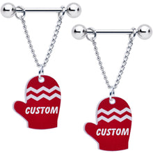 Load image into Gallery viewer, Custom Holiday Mittens Personalized Dangle Barbell Nipple Ring Set
