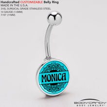 Load image into Gallery viewer, Custom Teal Mandala Personalized Name Belly Ring

