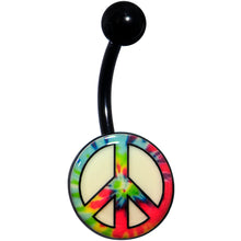 Load image into Gallery viewer, Glow in the Dark Titanium Tie Dyed Peace Sign Belly Ring
