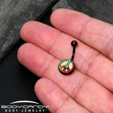 Load image into Gallery viewer, Glow in the Dark Titanium Tie Dyed Peace Sign Belly Ring
