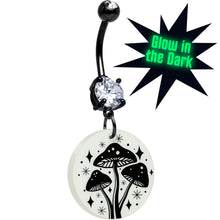 Load image into Gallery viewer, Black Double Gem Glow in the Dark Mystic Mushroom Dangle Belly Ring by Onyx O
