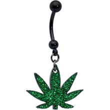 Load image into Gallery viewer, Green Glitter Marijuana Pot Leaf Black Dangle Belly Ring
