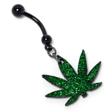 Load image into Gallery viewer, Green Glitter Marijuana Pot Leaf Black Dangle Belly Ring
