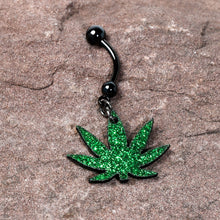 Load image into Gallery viewer, Green Glitter Marijuana Pot Leaf Black Dangle Belly Ring

