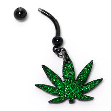 Load image into Gallery viewer, Green Glitter Marijuana Pot Leaf Black Dangle Belly Ring
