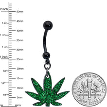 Load image into Gallery viewer, Green Glitter Marijuana Pot Leaf Black Dangle Belly Ring
