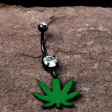 Load image into Gallery viewer, Double Gem Green Marijuana Pot Leaf Black Dangle Belly Ring
