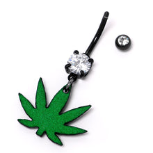 Load image into Gallery viewer, Double Gem Green Marijuana Pot Leaf Black Dangle Belly Ring
