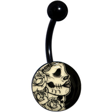 Load image into Gallery viewer, Black Glow in the Dark Katrina Sugar Skull Belly Ring
