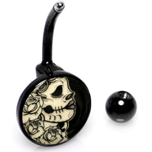 Load image into Gallery viewer, Black Glow in the Dark Katrina Sugar Skull Belly Ring
