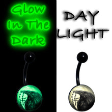 Load image into Gallery viewer, Black Titanium Raven and Cross Glow in the Dark Belly Ring
