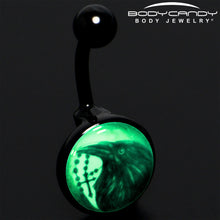 Load image into Gallery viewer, Black Titanium Raven and Cross Glow in the Dark Belly Ring
