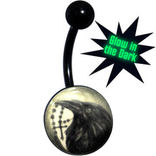 Load image into Gallery viewer, Black Titanium Raven and Cross Glow in the Dark Belly Ring
