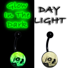 Load image into Gallery viewer, Black Titanium Webbed Skull Glow in the Dark Belly Ring
