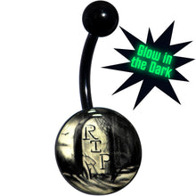 Load image into Gallery viewer, Black Titanium RIP Tombstone Glow in the Dark Belly Ring
