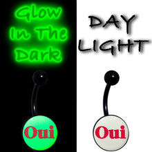 Load image into Gallery viewer, Black Anodized Glow in the Dark OUI Belly Ring by Onyx O
