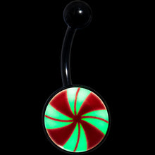 Load image into Gallery viewer, Black Glow in the Dark Holiday Peppermint Candy Belly Ring by Onyx O
