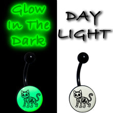 Load image into Gallery viewer, Black Anodized Glow in the Dark Skeleton Kitty Cat Belly Ring by Onyx O

