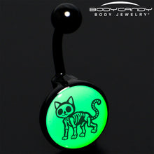 Load image into Gallery viewer, Black Anodized Glow in the Dark Skeleton Kitty Cat Belly Ring by Onyx O
