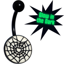 Load image into Gallery viewer, Black Glow in the Dark Heart Spider Web Belly Ring by Onyx O
