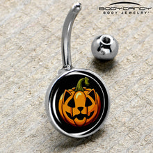 Load image into Gallery viewer, Orange Pumpkin Cat Jack-O-Lantern Belly Ring by Onyx O
