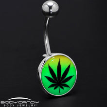 Load image into Gallery viewer, Steel Glow in the Dark Rainbow Ganja Leaf Belly Ring
