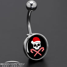 Load image into Gallery viewer, Santa Pirate Candy Cane Skull Belly Ring by Onyx O
