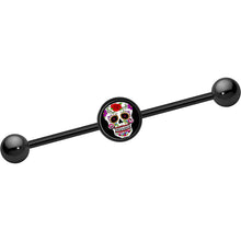 Load image into Gallery viewer, 14G Black Anodized Sugar Skull Industrial Barbell 37mm
