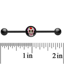 Load image into Gallery viewer, 14G Black Anodized Sugar Skull Industrial Barbell 37mm
