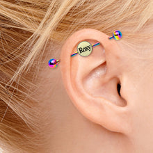 Load image into Gallery viewer, Custom Glow in the Dark Personalized Industrial Barbell in Rainbow Titanium

