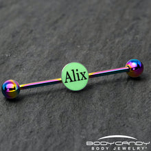 Load image into Gallery viewer, Custom Glow in the Dark Personalized Industrial Barbell in Rainbow Titanium
