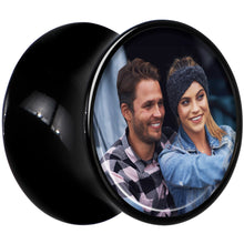Load image into Gallery viewer, Black Acrylic Custom Photo Saddle Plug - buy 2 for a pair
