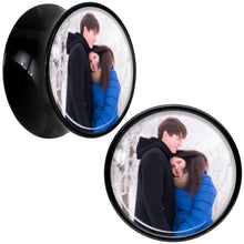 Load image into Gallery viewer, Black Acrylic Custom Photo Saddle Plug - buy 2 for a pair

