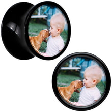 Load image into Gallery viewer, Black Acrylic Custom Photo Saddle Plug - buy 2 for a pair
