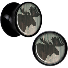 Load image into Gallery viewer, Holiday Rustic Wood Moose Black Acrylic Saddle Plug Set Sizes 5mm to 20mm
