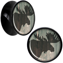 Load image into Gallery viewer, Holiday Rustic Wood Moose Black Acrylic Saddle Plug Set Sizes 5mm to 20mm
