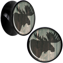 Load image into Gallery viewer, Holiday Rustic Wood Moose Black Acrylic Saddle Plug Set Sizes 5mm to 20mm
